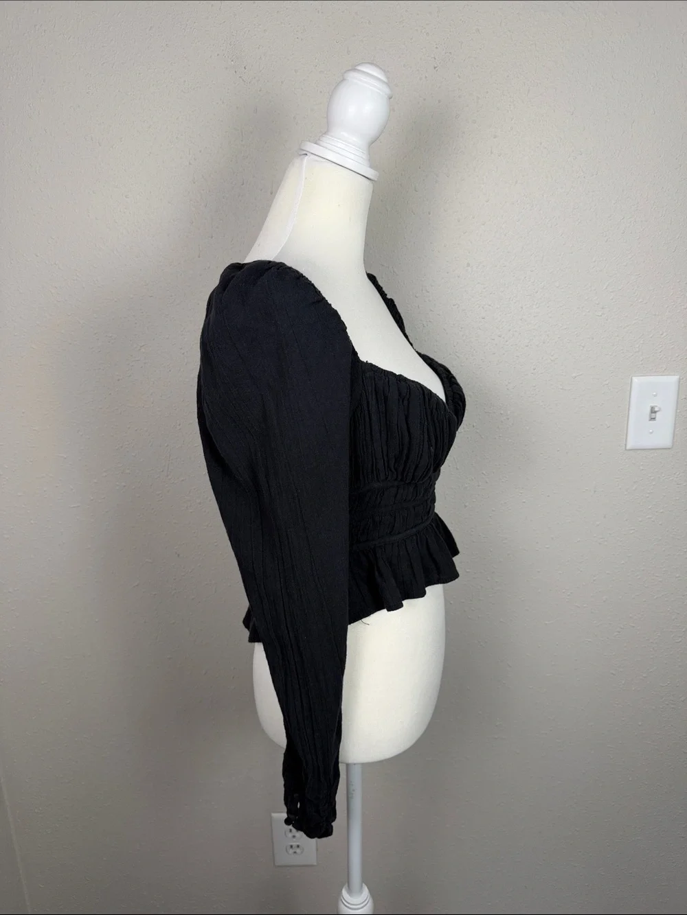 Free People Black Smocked Peplum Top Long Sleeve Cotton Gauze Boho Blouse XS-S